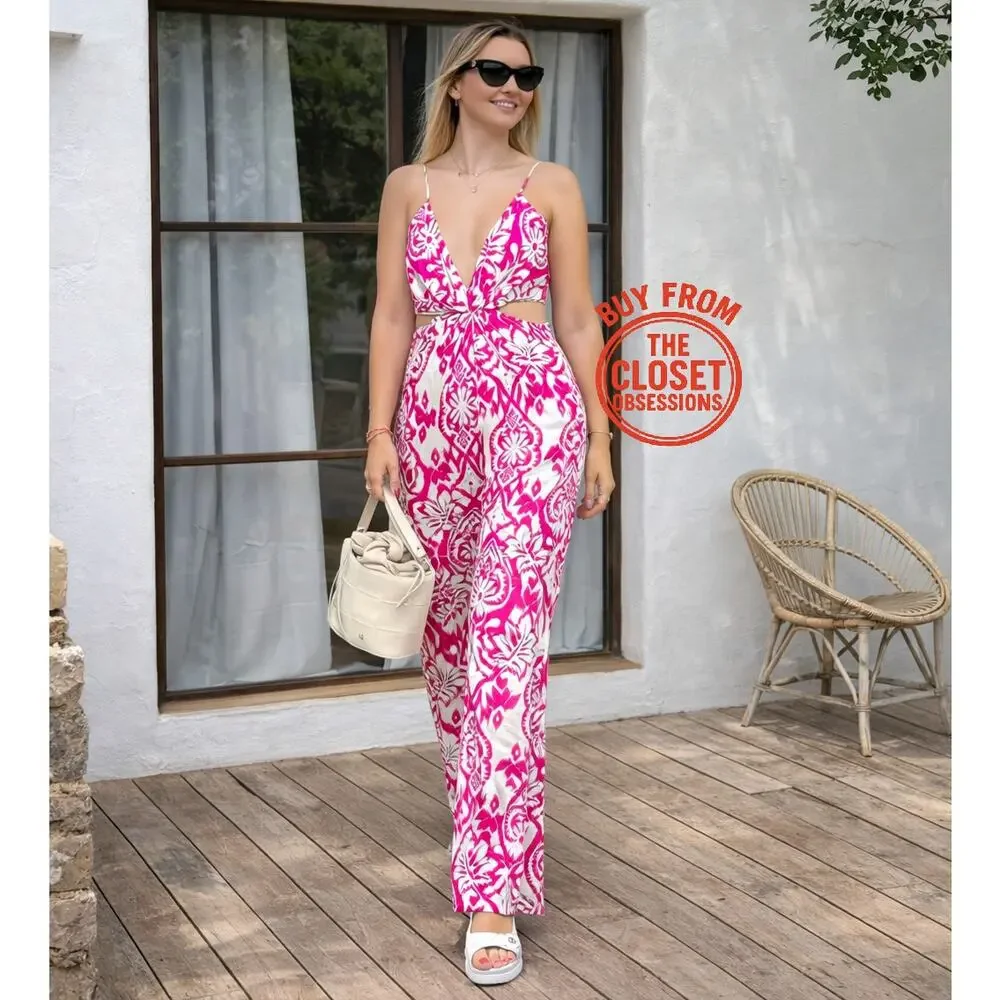 Zara NWT Pink White Cutout Wide Leg Jumpsuit M